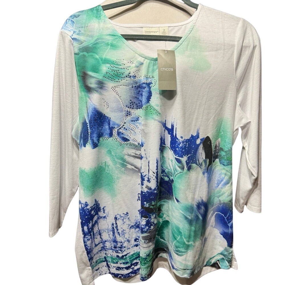 Chico's‎ Zenergy Top Women 2 Large Activewear Rhinestone Hudson Floral